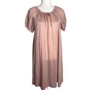 Vintage 70s Nylon Nightgown Dress Small Mocha Sheer Midi Elastic Neckline Sleeve
